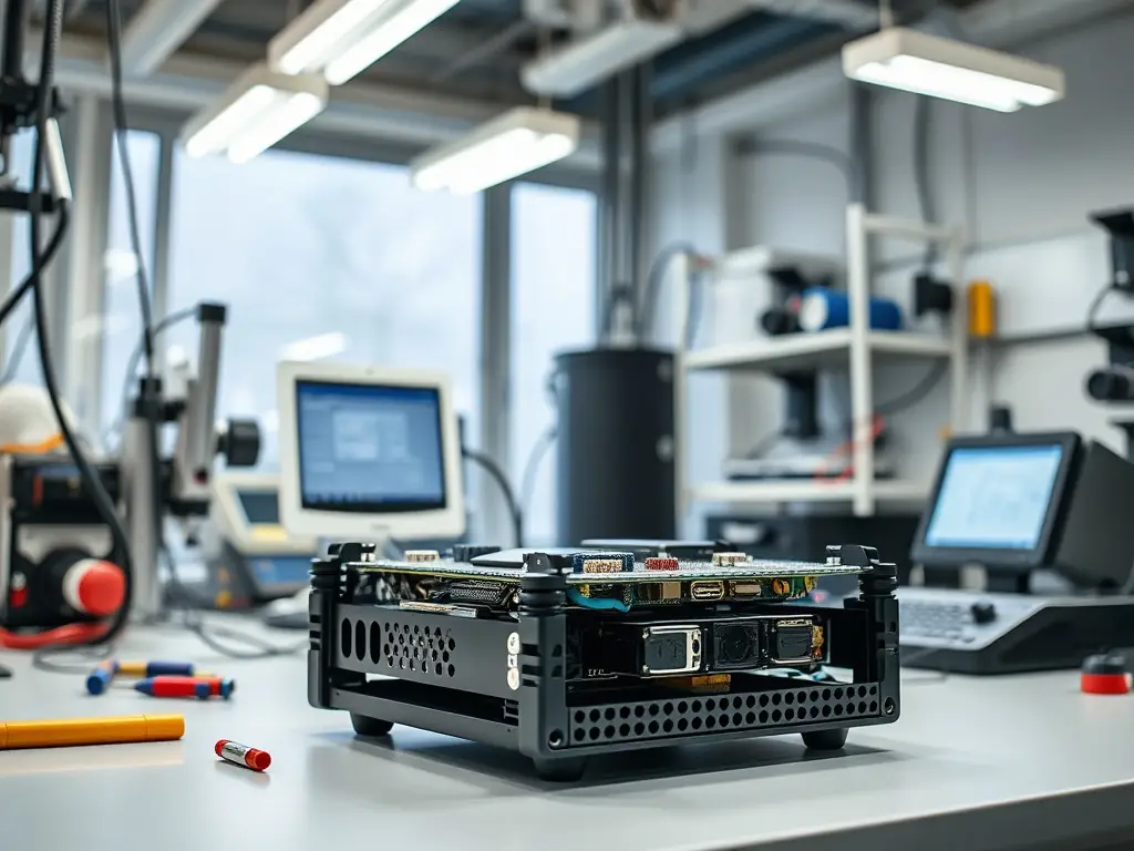 Prototype of an embedded electronics device being tested in a lab.