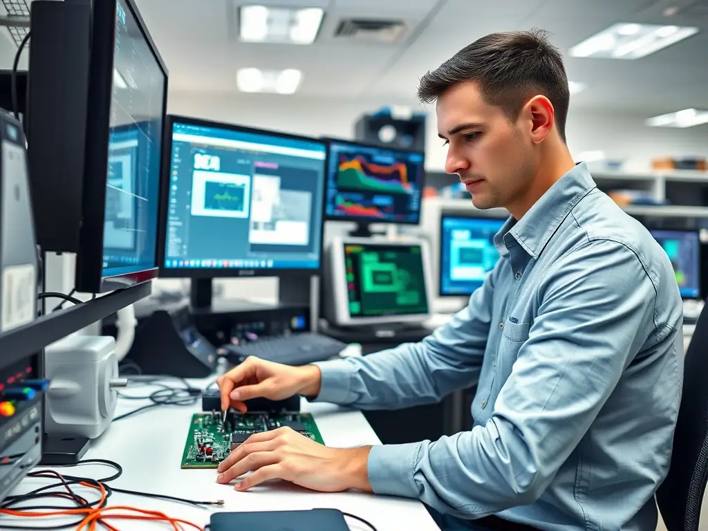 An engineer working on FPGA development in a bright lab.