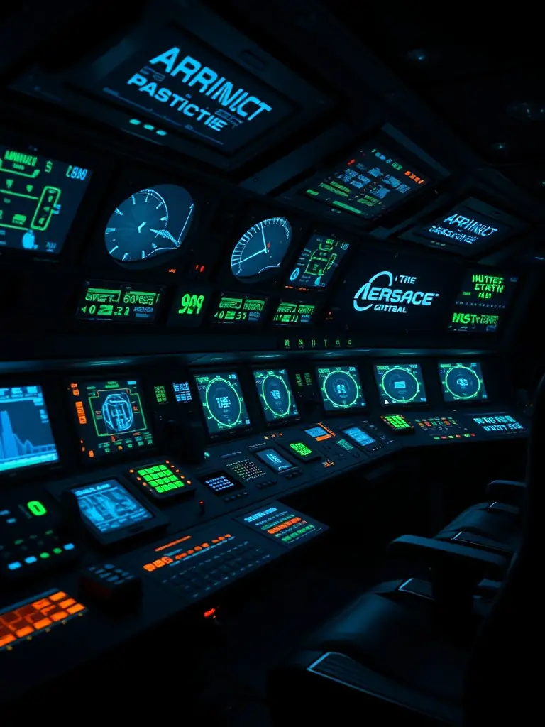 High-tech aerospace control system interface with digital displays.