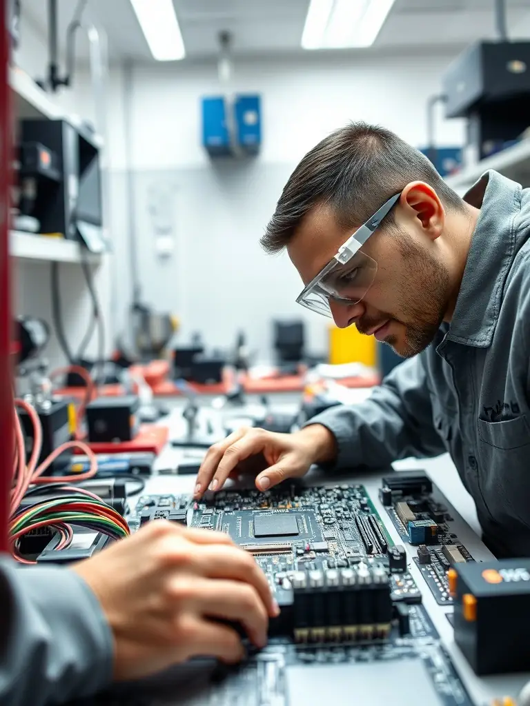 Technician working on an FPGA board, showcasing intricate circuit design.