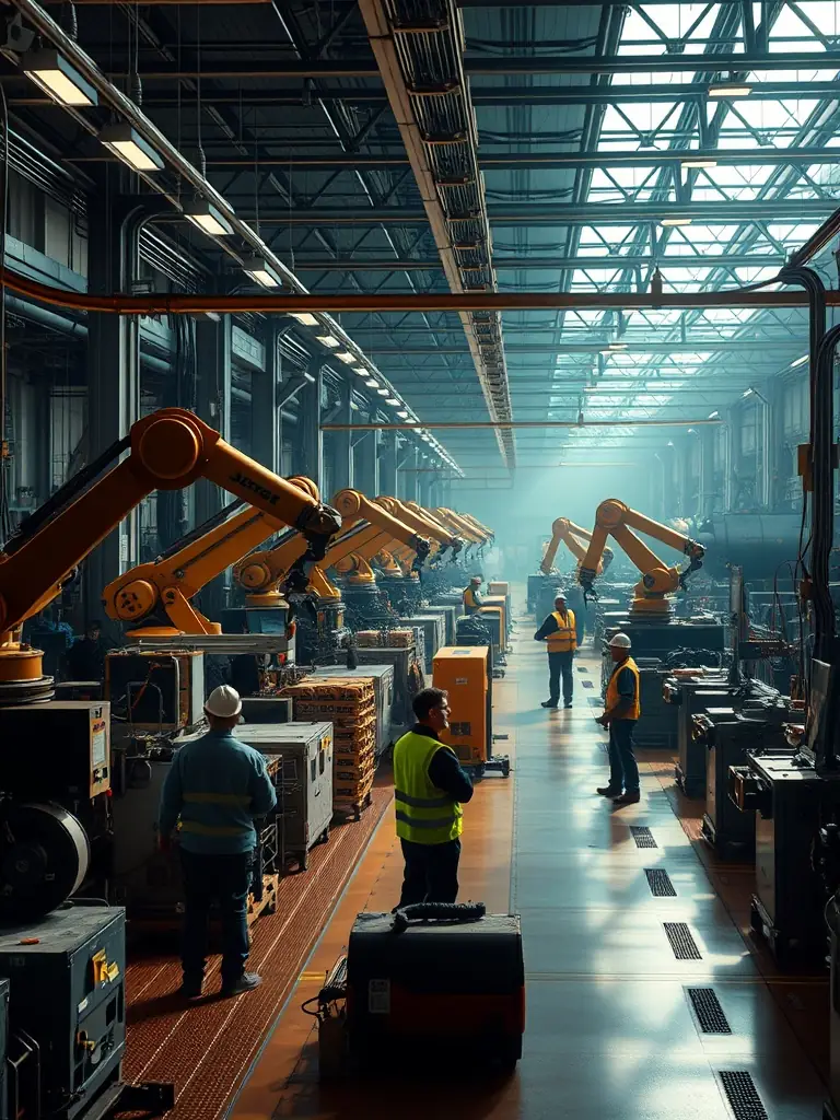 Industrial automation production line with robotic arms.